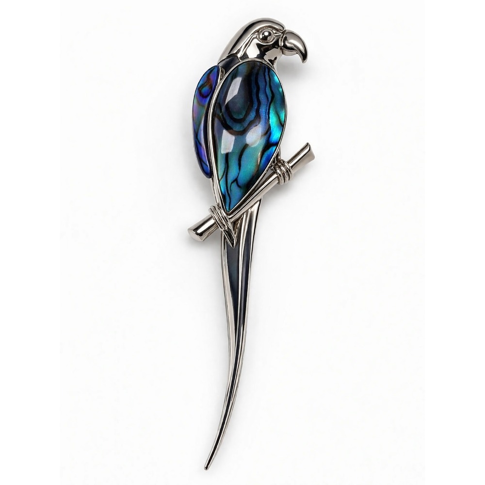 Ariki Paua Shell Inlay Silver Palladium Plate Blue Parrot Brooch Pin New Zealand
